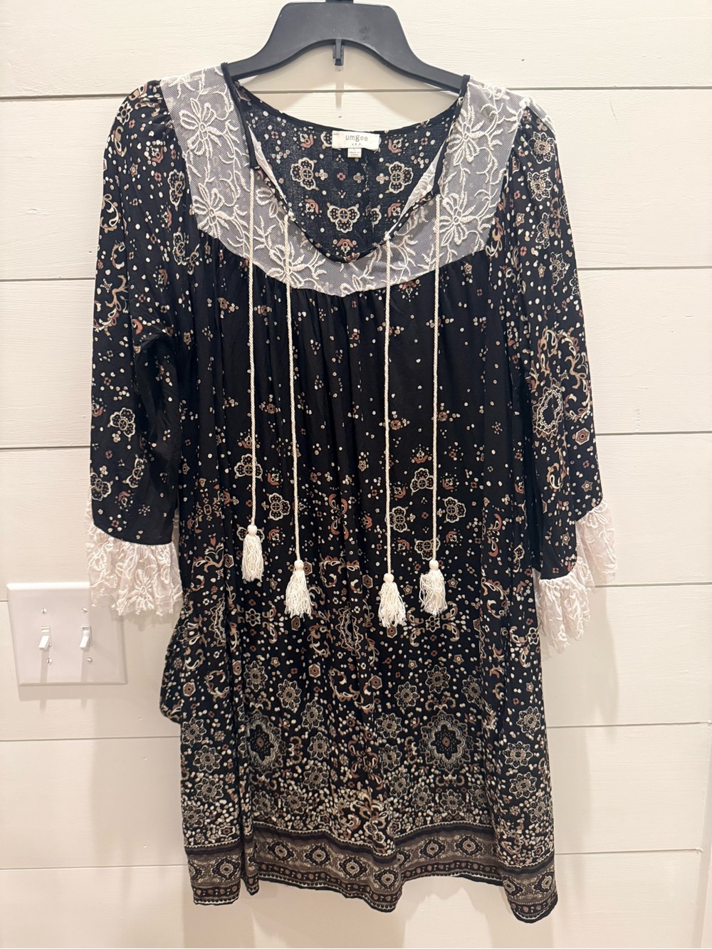 Umgee Black Floral Lace-Trim Tassel Mini Dress